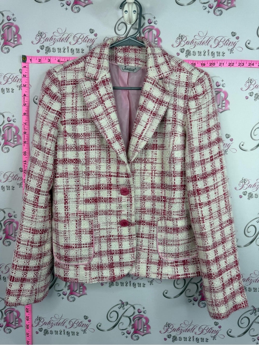 Jessica blazer button up Pink and Cream Plaid Tweed Blazer